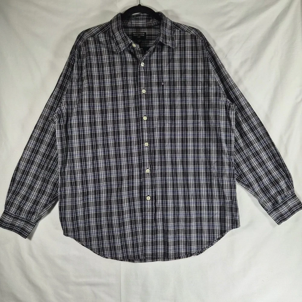 Vintage Polo Jeans Co Ralph Lauren Men's Large Blue Plaid Long Sleeve Button...